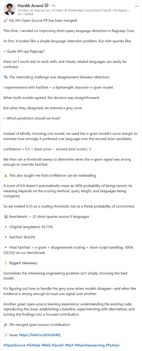 Screenshot of Hardik Anand's LinkedIn post about improving short-query language detection in RagLeap Core