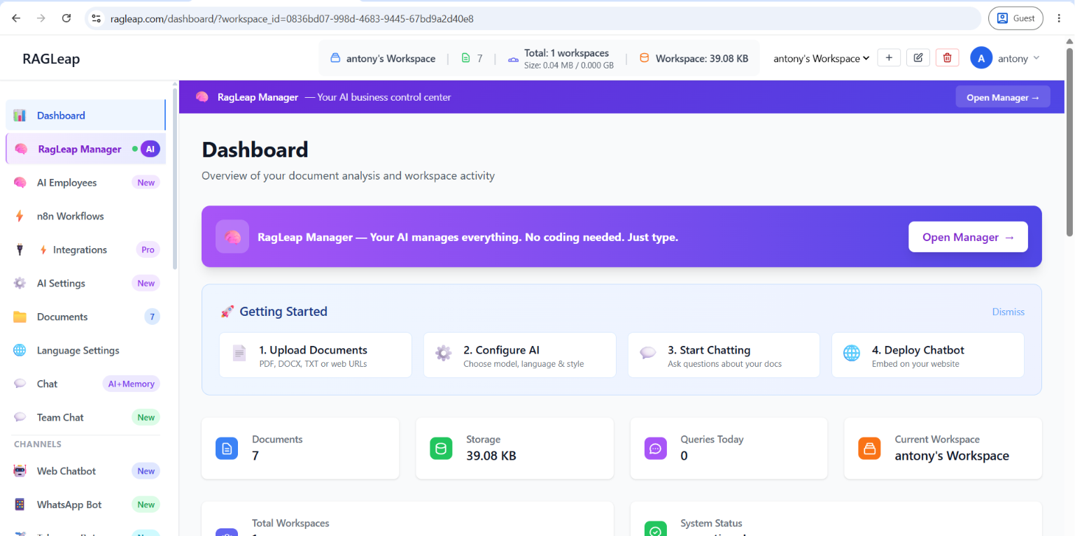 RagLeap Dashboard showing document stats and RAG quality